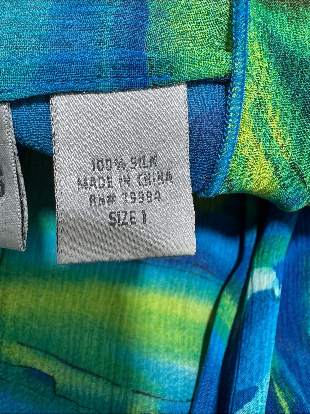 Chico’s 100% Silk Boho Kimono Top Blue Green Tie Front Beach Resort Size 1 M - Picture 6 of 6